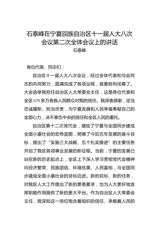 石泰峰：在宁夏回族自治区十一届人大八次会议第二次全体会议上的讲话