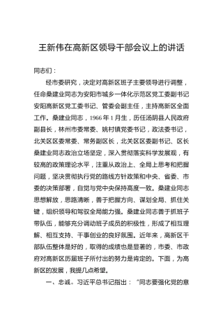 王新伟：在高新区领导干部会议上的讲话