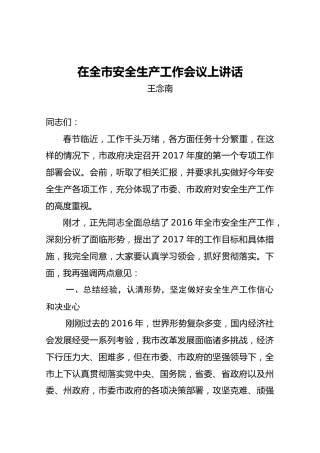 王念南：在全市安全生产工作会议上的讲话