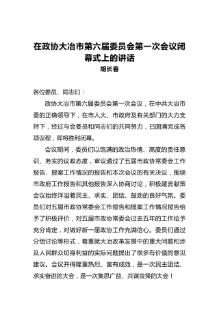 胡长春：在政协大冶市第六届委员会第一次会议闭幕式上的讲话