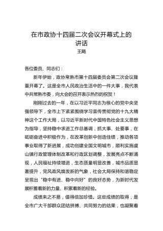 王飏：在市政协十四届二次会议开幕式上的讲话