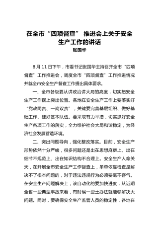 张国华：在全市“四项督查”推进会上关于安全生产工作的讲话