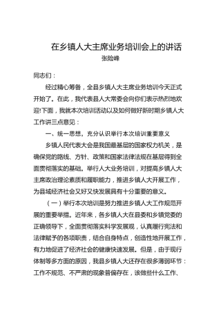 张险峰：在乡镇人大主席业务培训会上的讲话