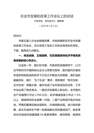 在全市发展和改革工作会议上的讲话1