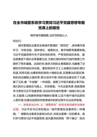 在全市城管系统学习贯彻习近平党建思想专题党课上的报告：绣好城市精细图，当好百姓贴心人