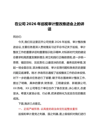 在公司2026年巡视审计整改推进会上的讲话