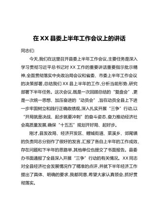 在XX县委上半年工作会议上的讲话