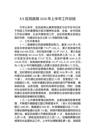 XX区民政局2026年上半年工作总结