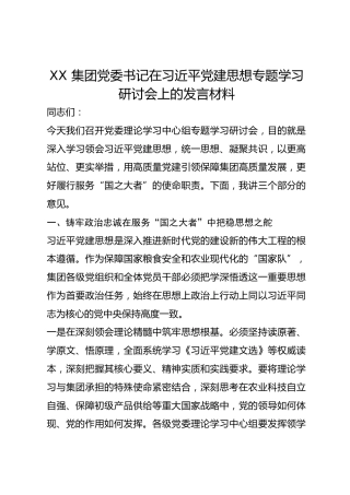 XX 集团党委书记在总书记党建思想专题学习研讨会上的发言材料