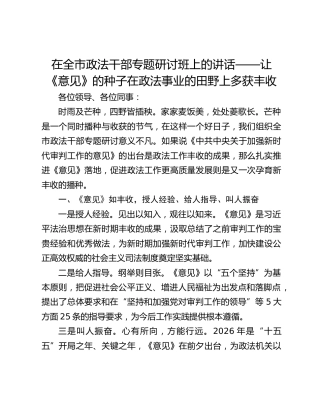 在全市政法干部专题研讨班上的讲话——让《意见》的种子在政法事业的田野上多获丰收