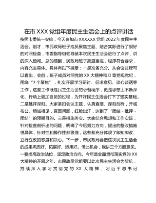 在市XXX党组年度民主生活会上的点评讲话