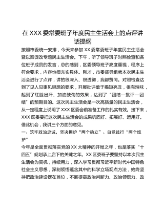 在XXX委常委班子年度民主生活会上的点评讲话提纲