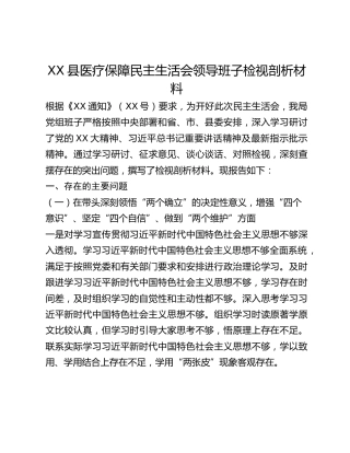 XX县医疗保障民主生活会领导班子检视剖析材料