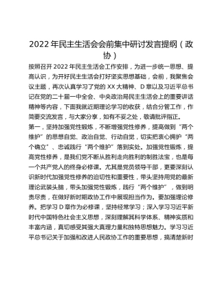 2022年政协班子成员民主生活会会前集中研讨发言提纲