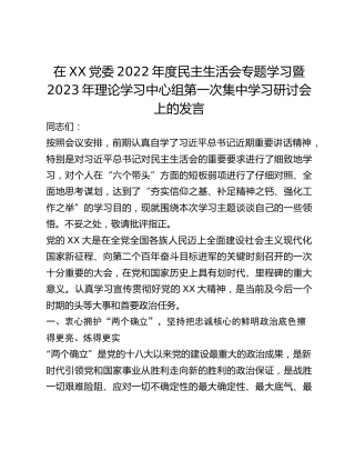 在XX党委2022年度民主生活会专题学习暨2023年理论学习中心组第一次集中学习研讨会上的发言