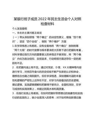 某银行班子成员2022年民主生活会个人对照检查材料