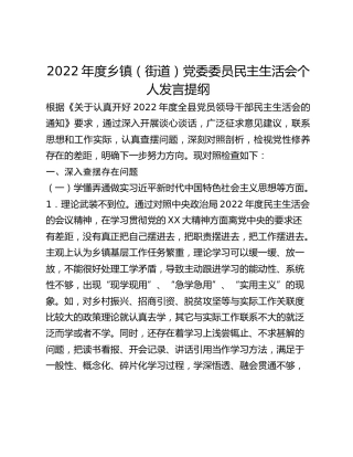 2022年度乡镇（街道）党委委员民主生活会个人发言提纲