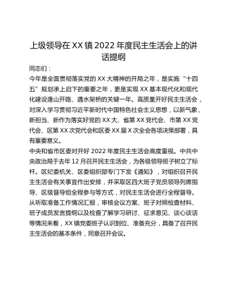 上级领导在XX镇2022年度民主生活会上的讲话提纲