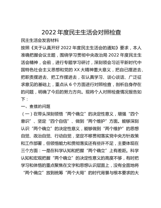 2022年度民主生活会对照检查