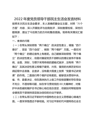 2022年度党员领导干部民主生活会发言材料
