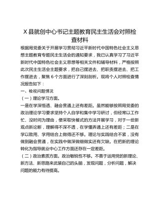 X县就创中心书记主题教育民主生活会对照检查材料