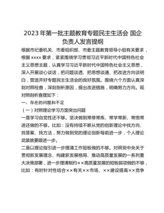 2023年第一批主题教育专题民主生活会 国企负责人发言提纲