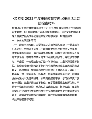 XX党委2023年度主题教育专题民主生活会对照检查材料