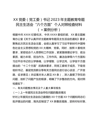 XX党委（党工委）书记2023年主题教育专题民主生活会“六个方面”个人对照检查材料（案例分析）