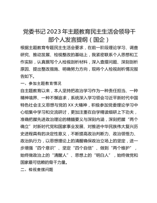 党委书记2023年主题教育民主生活会领导干部个人发言提纲（国企）