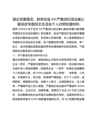 国企党委委员、财务总监XX严重违纪违法案以案促改专题民主生活会个人对照检