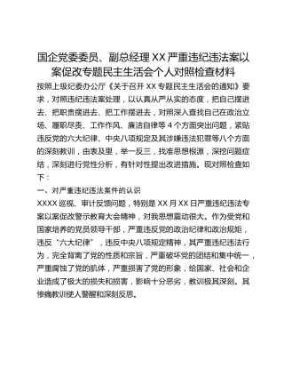 国企党委委员、副总经理XX严重违纪违法案以案促改专题民主生活会个人对照检