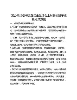 某公司纪委书记在主题教育专题民主生活会上对其他班子成员批评意见