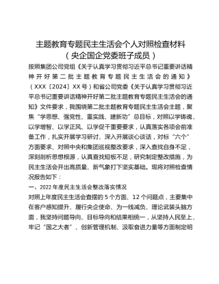 主题教育专题民主生活会个人对照检查材料（央企国企党委班子成员）