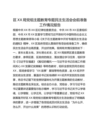 区XX局党组主题教育专题民主生活会会前准备工作情况报告