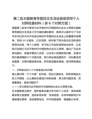 第二批主题教育专题民主生活会县级领导个人对照检查材料（新6个对照方面）