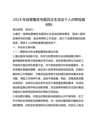 2024年巡察整改专题民主生活会个人对照检查材料 (2)
