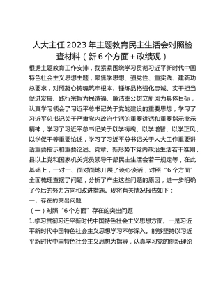 人大主任2023年主题教育民主生活会对照检查材料（新6个方面政绩观）