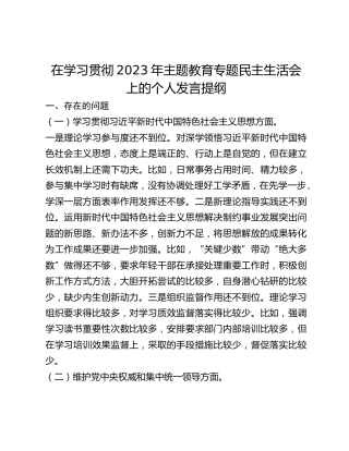 在学习贯彻2023年主题教育专题民主生活会上的个人发言提纲