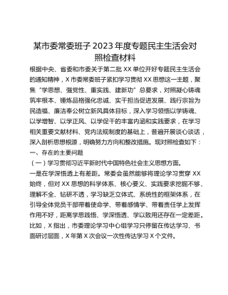 某市委常委班子2023年度专题民主生活会对照检查材料（新6个对照方面）