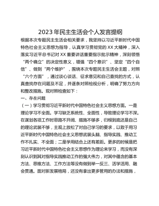 2023年民主生活会个人发言提纲