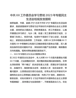 中共XX工作委员会学习贯彻2023年专题民主生活会检视发言提纲