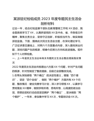 某派驻纪检组成员 2023 年度专题民主生活会剖析材料
