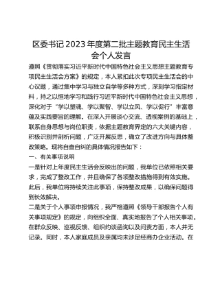 区委书记2023年度第二批主题教育民主生活会个人发言