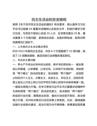 民主生活会的发言提纲