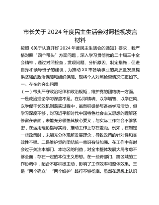 市长关于2024年度民主生活会对照检视发言材料