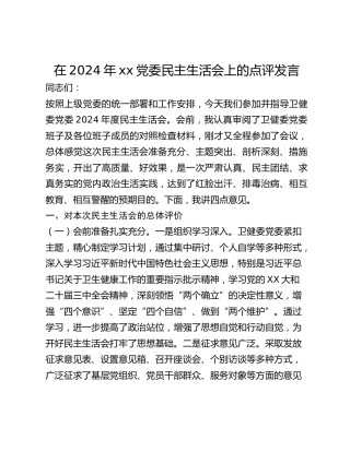 在2024年xx党委民主生活会上的点评发言