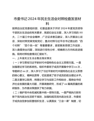 市委书记2024年民主生活会对照检查发言材料