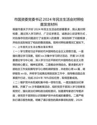 市国资委党委书记2024年民主生活会对照检查发言材料