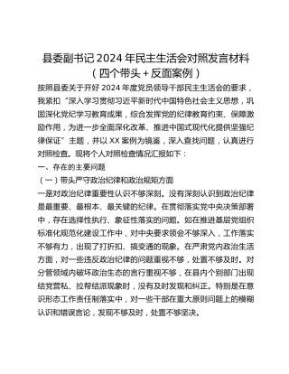 县委副书记2024年民主生活会对照发言材料（四个带头反面案例）