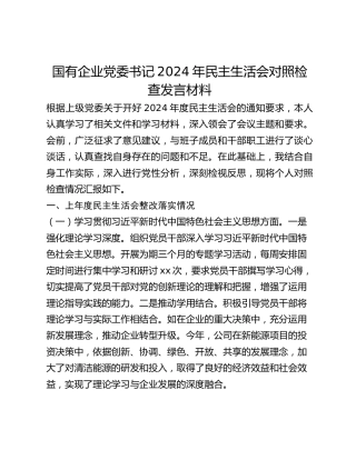 国有企业党委书记2024年民主生活会对照检查发言材料